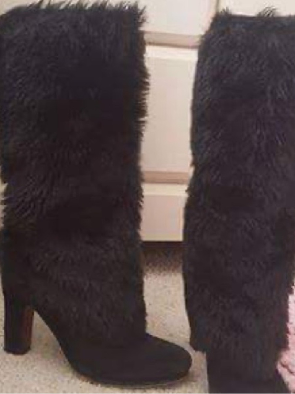 Sam Edelman Black Faux Fur Mid-Calf Heeled Boots